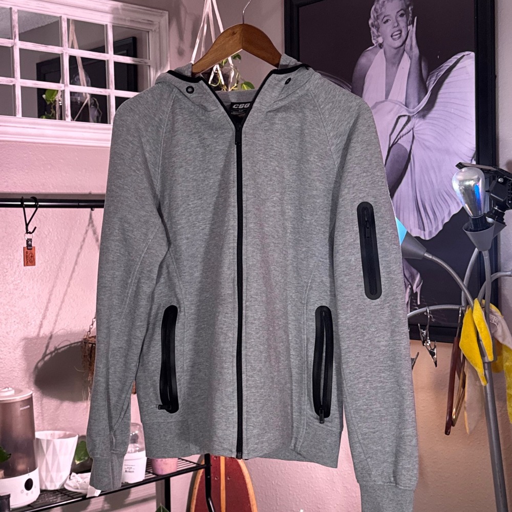 CSG Mens Full Zip Tech Hoodie Heather Gray‎ Bonded Zipper Pockets Small